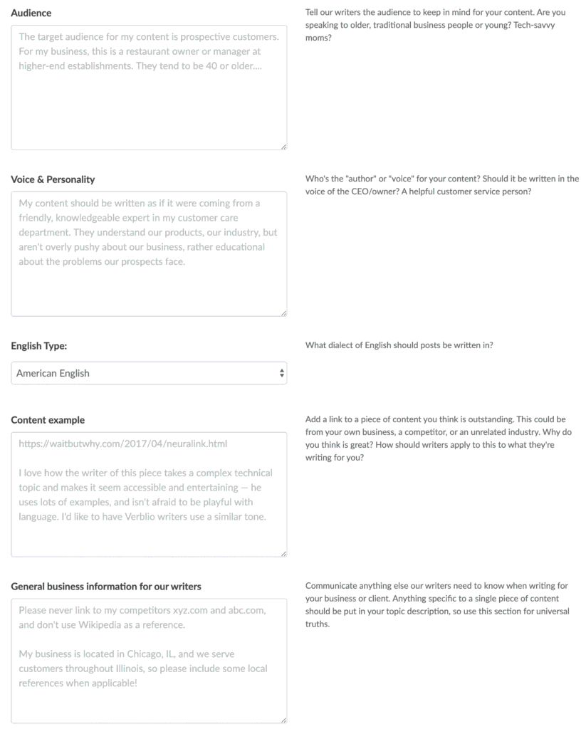 Verblio business info text boxes