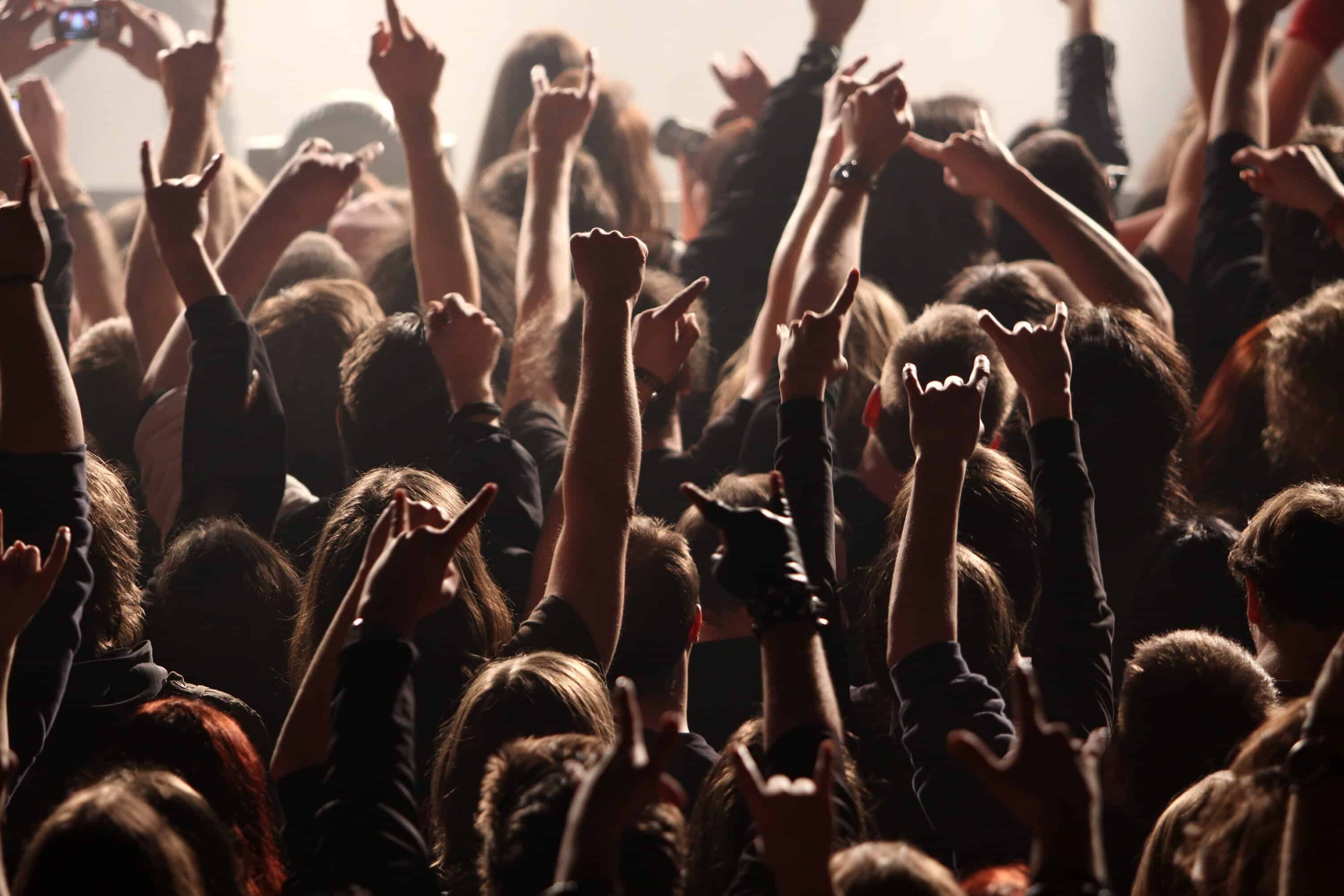 A crowd of people hold their arms in the air at a rock concert